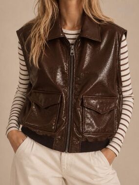 Brown Vegan Leather Zip Front Vest